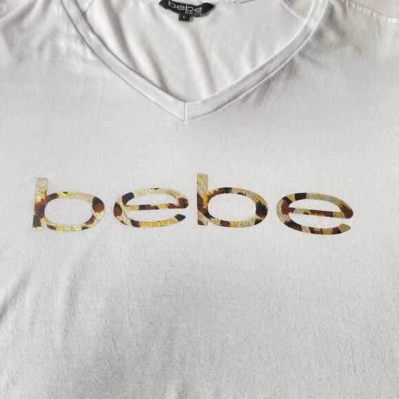 bebe Tops - Bebe T Shirt Womens Large White Animal Print Reflective Logo Mesh Shoulders Read